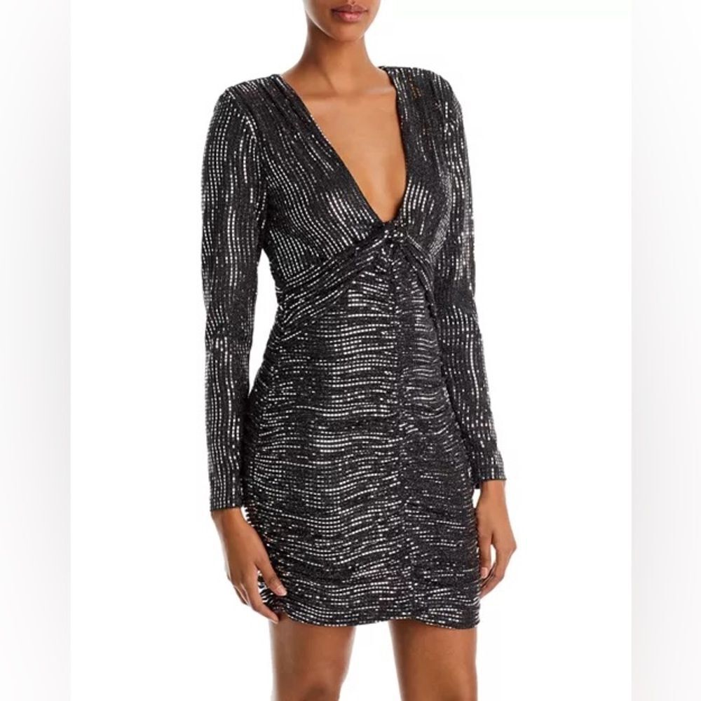 AQUA Metallic Sequined Stripe Ruched Mini Dress SILVER BLACK SIZE S long sleeve